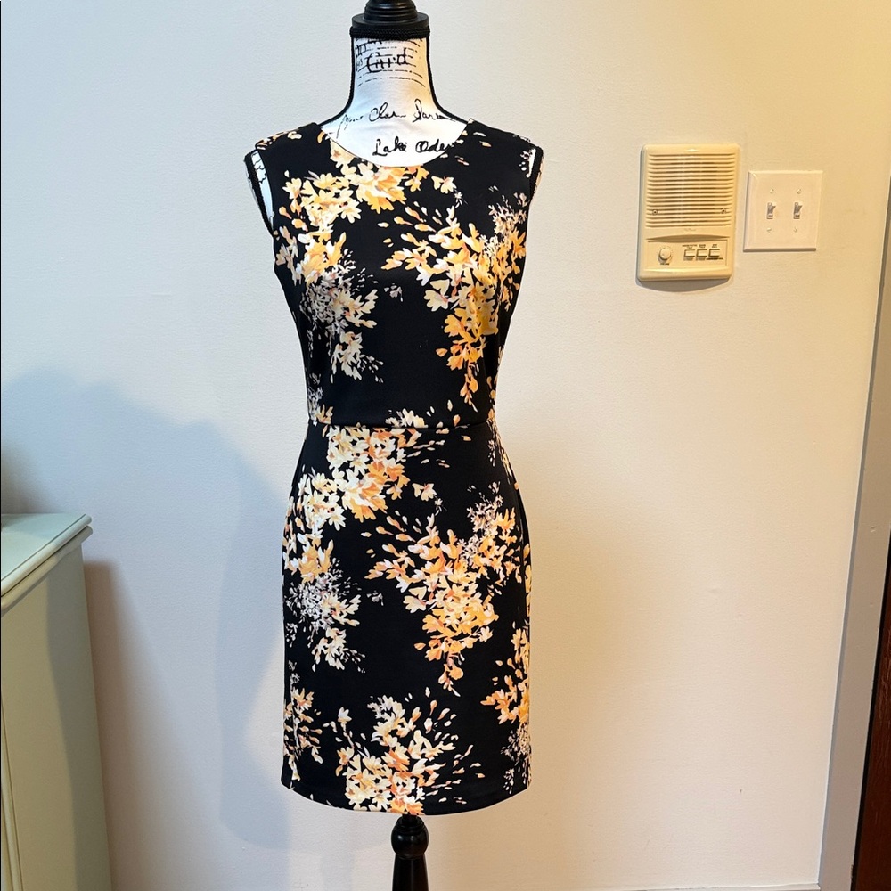 White House Black Market Floral Mini Dress in Black and Gold